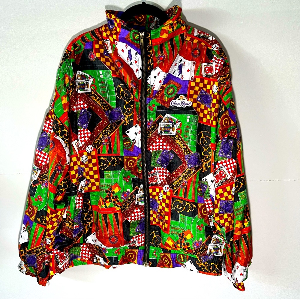 Vintage 80’s Avait Sportif Casino Print Zip Up Windbreaker w/ Crown Royal Patch